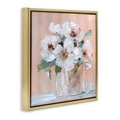 an oil painting of white flowers in a glass vase on a pink and beige background