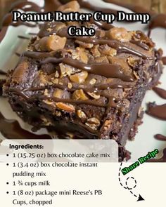 a piece of chocolate peanut butter cup dump cake on a white plate with the recipe below it