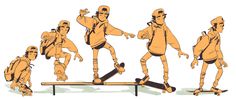 a group of people riding skateboards on top of a wooden bench in various poses