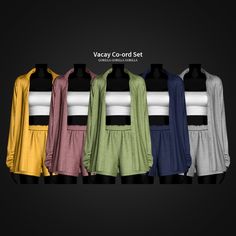 four different colors of clothing hanging on a black background with the words vacay co - ord set