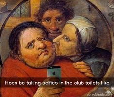 an image of a man taking a selfie with two women in front of him