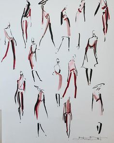 an image of a woman's fashion sketches drawn in pencil and watercolor on paper