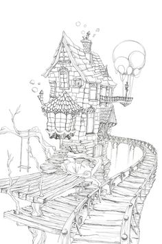 a drawing of a house on a bridge