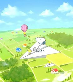 a cartoon dog sitting on top of a paper plane in the middle of a field