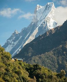 the mountain is covered in snow and green trees