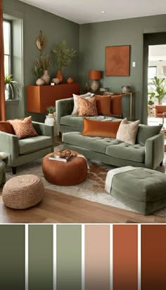 a living room filled with furniture and lots of color swatches in shades of green