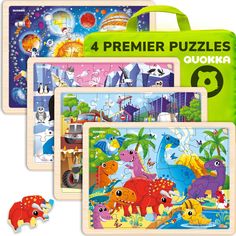 four puzzles with dinosaurs in the background