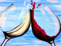 two wine glasses with red and white liquid in them are next to each other on a blue background