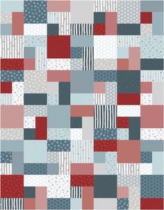 an abstract patchwork pattern in red, grey and white