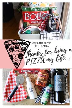 a woman holding a pizza box filled with food and other items to make it look like she's having a pizza party