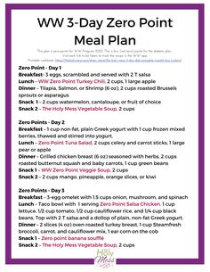 Weight Watchers 3 Day Zero Point Meal Plan Printable - The Holy Mess Weight Watcher Snacks, Ww Blue Plan, Meal Plan Printable