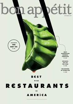 the cover of bon appetit's best restaurants in america, featuring green beans