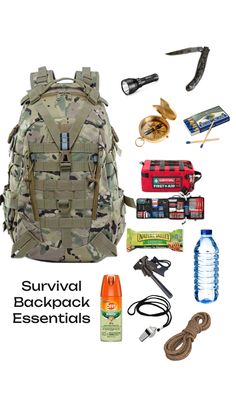 the contents of a backpack are shown in this image, including tools and other items