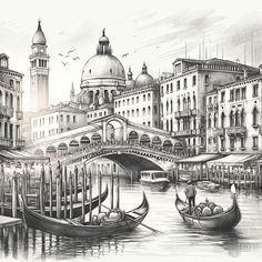 a drawing of a city with gondolas and buildings