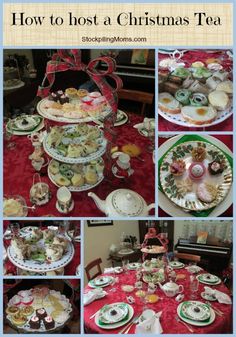 a collage of photos showing different types of teas and pastries on plates