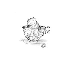 a black and white drawing of a bear in a teacup