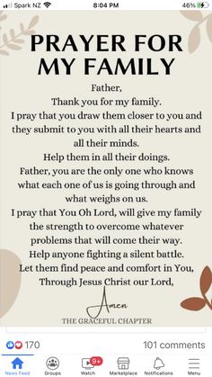 a prayer card with the words prayer for my family