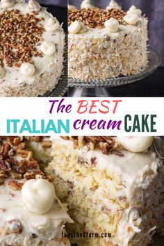 the best italian cream cake with white frosting and pecans on top is shown