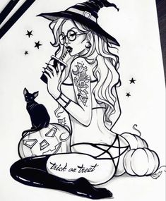 a drawing of a witch with a cat on her lap and pumpkins around her