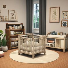 a baby's room is decorated in neutral colors