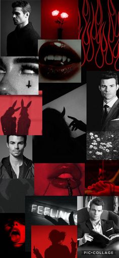 the collage has many different images with red lighting on them and black and white