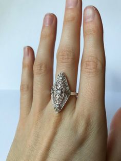 Once in a Blue Moon beautiful vintage finds. READY TO SHIP! Cz Diamond Filigree Ring // 925 Solid Sterling Silver Size: 6, 7, 8, 9, 10 US Setting Size: 28 x 14 mm TCW: 0.17 ct Weight: 2.94 g Band width: 1.9 mm Free Shipping, comes in ring box ready to gift! Antique Amethyst Ring, Art Deco Filigree, Emerald Ring Vintage, Once In A Blue Moon, Johnson City Tn, Fake Diamond, Large Wedding, Art Ring, Johnson City