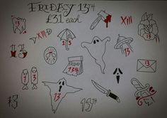 a drawing of various items and numbers on a sheet of paper that says friday 13th