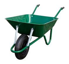 a green wheelbarrow with black tires on a white background