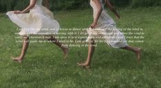 two women in white dresses are running through the grass with words written on their backs