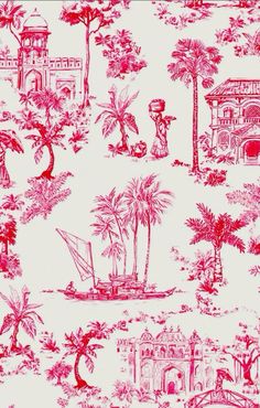 a red and white wallpaper with palm trees, buildings, and boats on it