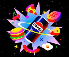 the pepsi logo is surrounded by other colorful objects and stars, including an egg on top