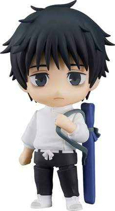 an anime character with black hair holding a blue umbrella and wearing white shirt, standing in front of a white background