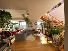 a living room filled with lots of furniture next to a stair case covered in plants