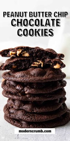 chocolate cookies stacked on top of each other with the words peanut butter chip chocolate cookies