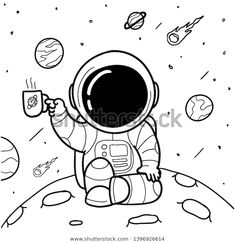 an astronaut in outer space with planets and stars around him, holding a cup filled with liquid