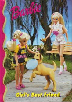 a barbie book with two girls and a dog