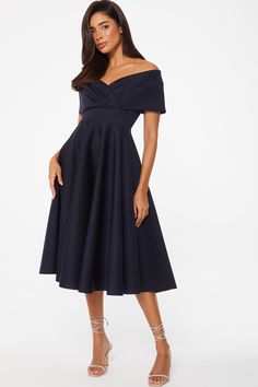 QUIZ Bardot Skater Midi Dress | Nordstrom Fitted A-line Off Shoulder Dress For Gala, Fitted Off Shoulder Evening Dress With Pleated Bodice, Dressy Off-shoulder Formal Dress, Elegant Off-shoulder Midi Dress For Wedding Guest, Party Off Shoulder A-line Dress With Fitted Bodice, Party A-line Off Shoulder Dress With Fitted Bodice, Party Dress With Asymmetrical Neckline And Flattering Silhouette, Off-shoulder Midi Dress For Cocktail Evening, Asymmetrical Neckline Party Dress With Flattering Silhouette