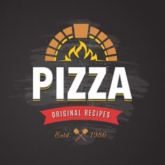 a logo for a pizza restaurant with an oven and flames in the middle, on a black background