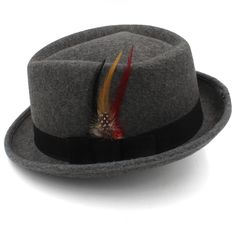 Trilby Fedora Hat with Multicolored Feather on Black Hatband-Hats-Innovato Design-Heather Gray-Innovato Design Trilby Fedora, Dolphin Bracelet, Wood Inlay Rings, Couples Wedding Bands, Wool Fedora Hat, Punk Accessories, Trilby Hat, Masonic Ring, Wooden Sunglasses