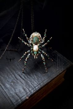 "Spider brooch, Spider pin, Gift for her, Spider jewelry, Statement jewelry, Insect art, Nature jewelry, Unique gift - - - - - - - - - - - - - - -  The Spider's body is hand-embroidered on imitation of leather using Jade, Freshwater pearl, Czech crystals and beads, seed beads, high quality Italian sequins and metallic beads.  * Size: approx. 0.8*1 inches (4,5*2 cm) - embroidered part, with legs approx. 3.1*2.6 inches (8*6,5 cm) * Everything is hand-embroidered, never glued * Not a toy for kids, Insect Jewelry Diy, Spider Eyes, Beaded Bugs, Spider Ring, Spider Brooch, Spider Jewelry, Beaded Spiders, Beads Craft Jewelry, Spider Tattoo