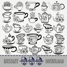 teapots and cups with flowers are shown in black and white, as well as the