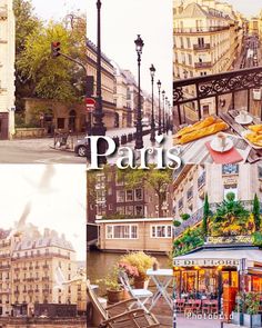 paris collage with buildings, street lights and people sitting at tables in front of them