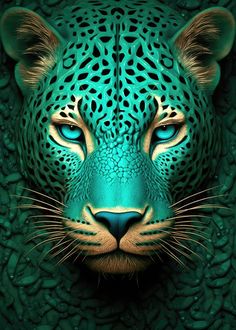 the face of a green leopard with blue eyes