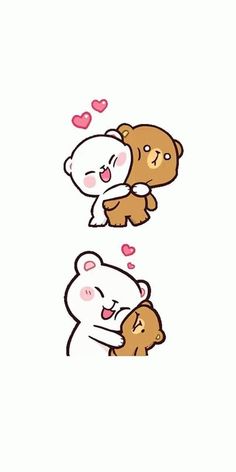 two teddy bears hugging each other with hearts on their chest and one bear holding the other