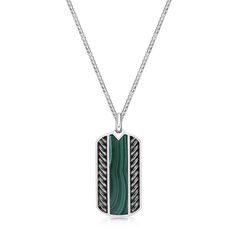 This men's sterling silver dog tag pendant necklace features a striking strip of malachite, known for its deep green hues, set between two intricately detailed metalwork designs. The malachite's vibrant color contrasts beautifully with the finely crafted silver accents, creating a bold yet elegant look. Paired with a durable 24-inch round box chain, this pendant is a standout accessory that adds both sophistication and a touch of nature-inspired style to any ensemble. Personalized Promise Rings, Mens Gemstone Rings, Dog Tag Pendant, Silver Dog, Wedding Ring Necklaces, Ring Trends, Earring Trends, Green Malachite, Silver Lockets