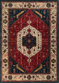 a red and black rug with an intricate design