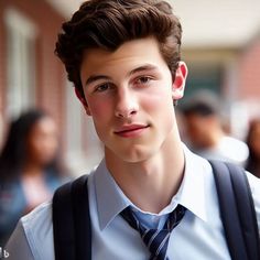 a young man wearing a blue shirt and tie standing in front of a group of people