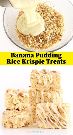 banana pudding rice krispie treats are stacked on top of each other and topped with white frosting