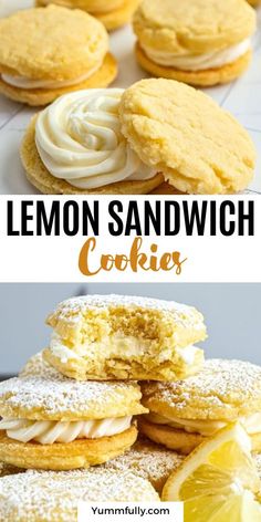 lemon sandwich cookies stacked on top of each other with the words, lemon sandwich cookies