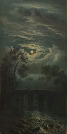 an oil painting of a river with a bridge and trees in the background at night